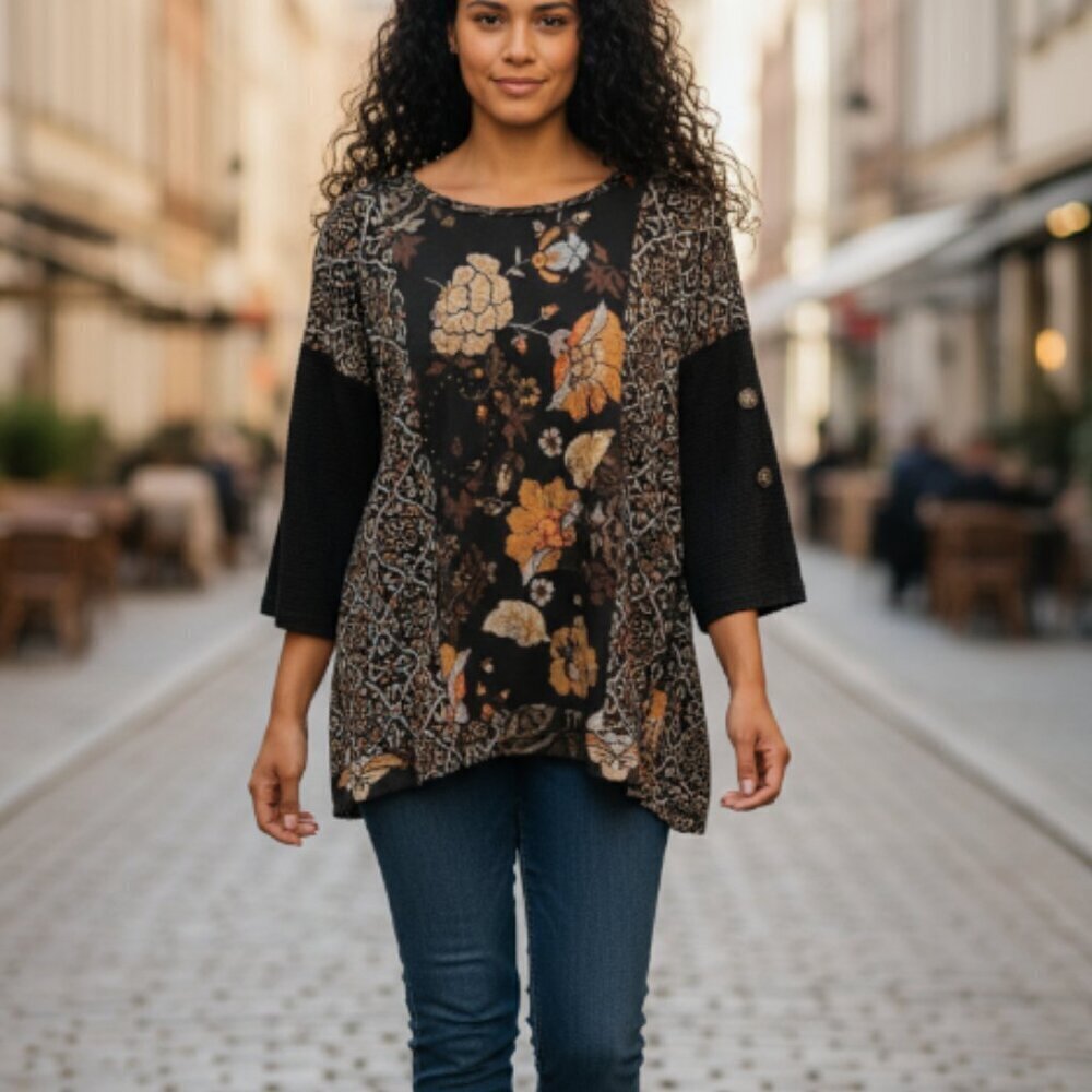 NY Collection Knit Top Floral Size XL 3/4 Sleeve High Low